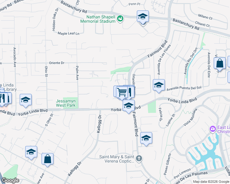 map of restaurants, bars, coffee shops, grocery stores, and more near 4795 Logana Plaza in Yorba Linda