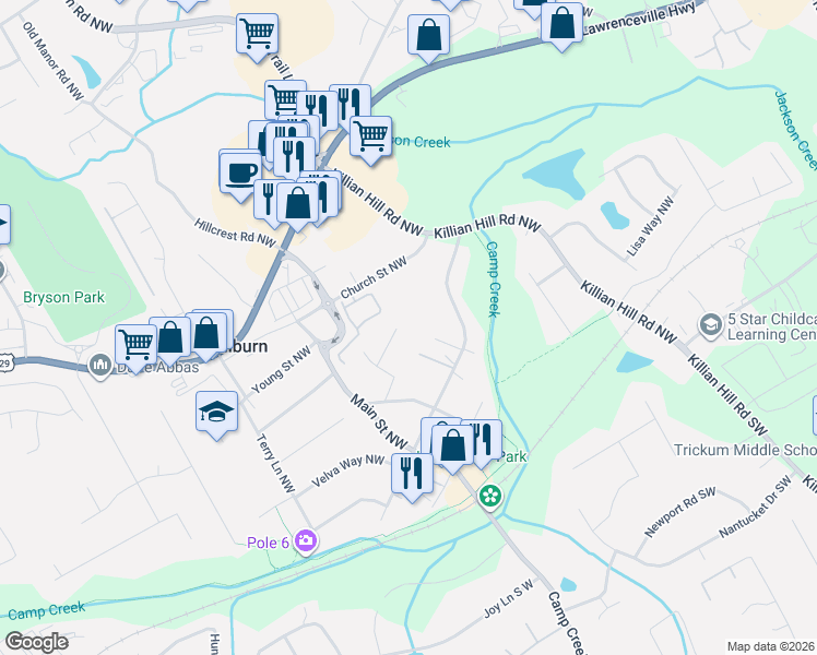 map of restaurants, bars, coffee shops, grocery stores, and more near 4786 Edith Place Northwest in Lilburn