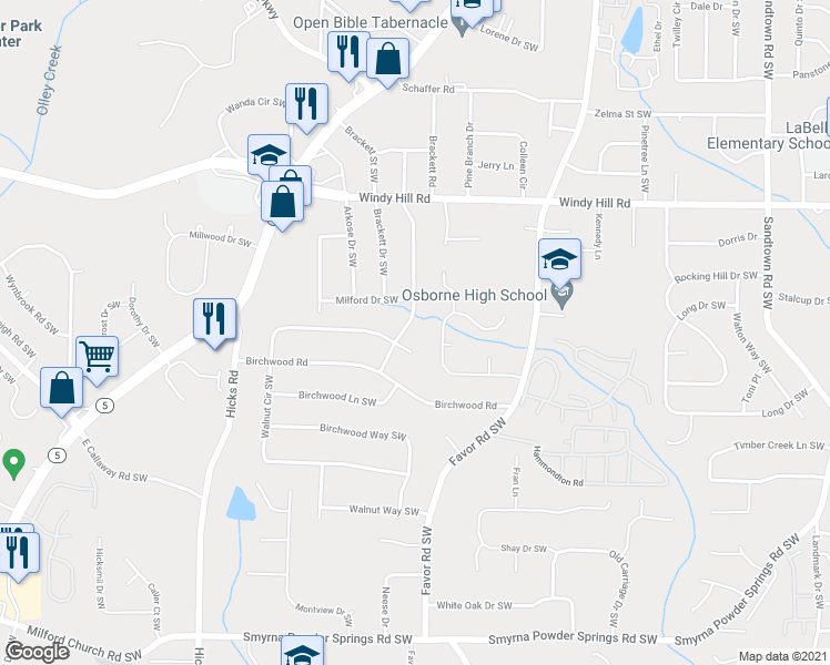 map of restaurants, bars, coffee shops, grocery stores, and more near 2585 Cherrywood Lane Southwest in Marietta