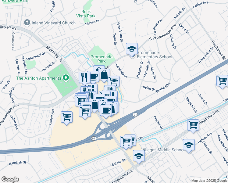 map of restaurants, bars, coffee shops, grocery stores, and more near 479 North McKinley Street in Corona