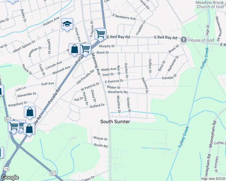 map of restaurants, bars, coffee shops, grocery stores, and more near 11 Weatherly Road in Sumter