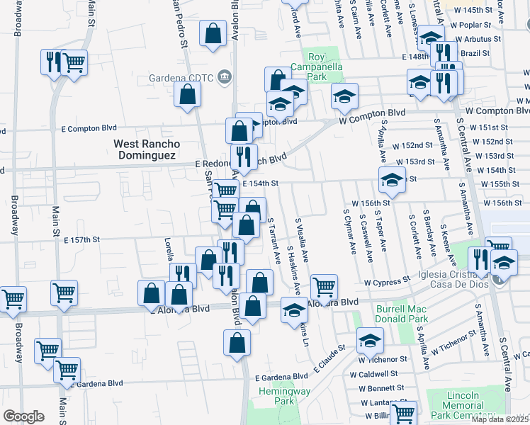 map of restaurants, bars, coffee shops, grocery stores, and more near 15520 South Tarrant Avenue in Compton