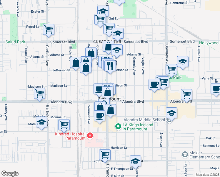 map of restaurants, bars, coffee shops, grocery stores, and more near 15706 Paramount Boulevard in Paramount