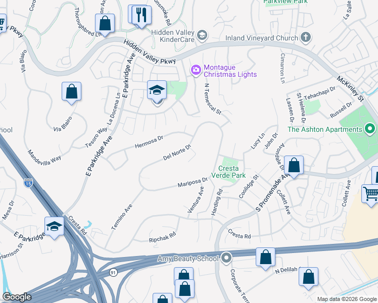 map of restaurants, bars, coffee shops, grocery stores, and more near 1522 Del Norte Drive in Corona