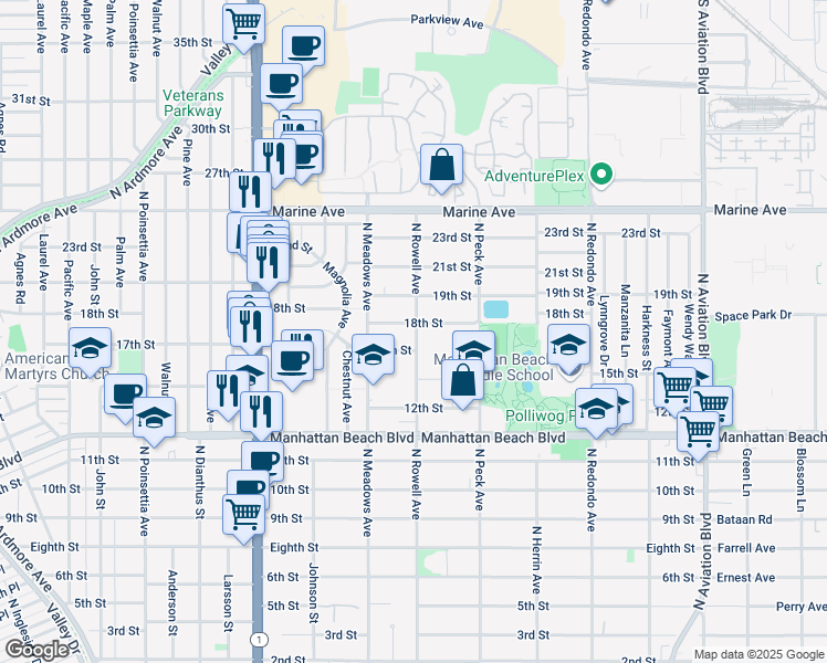 map of restaurants, bars, coffee shops, grocery stores, and more near 1335 18th Street in Manhattan Beach
