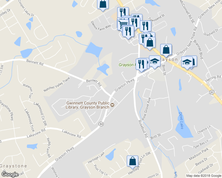 map of restaurants, bars, coffee shops, grocery stores, and more near 647 Highway 84 in Grayson