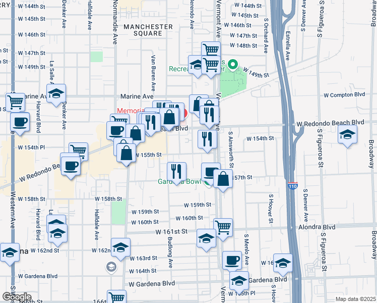 map of restaurants, bars, coffee shops, grocery stores, and more near 15411 Berendo Avenue in Gardena
