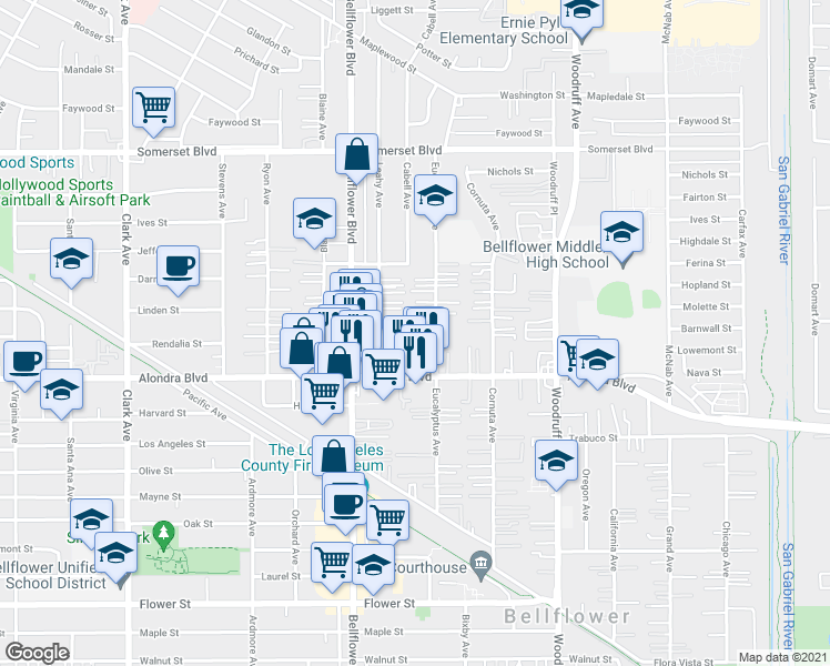 map of restaurants, bars, coffee shops, grocery stores, and more near 9852 Linden Street in Bellflower