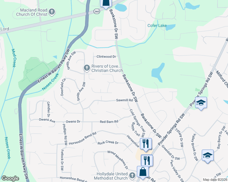map of restaurants, bars, coffee shops, grocery stores, and more near 2602 Branson Pl SW in Marietta