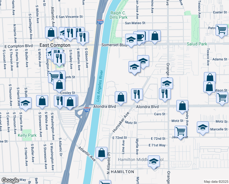 map of restaurants, bars, coffee shops, grocery stores, and more near 6407 Alondra Boulevard in Paramount