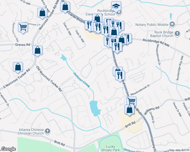 map of restaurants, bars, coffee shops, grocery stores, and more near 6285 Forest Vale Drive Northwest in Norcross