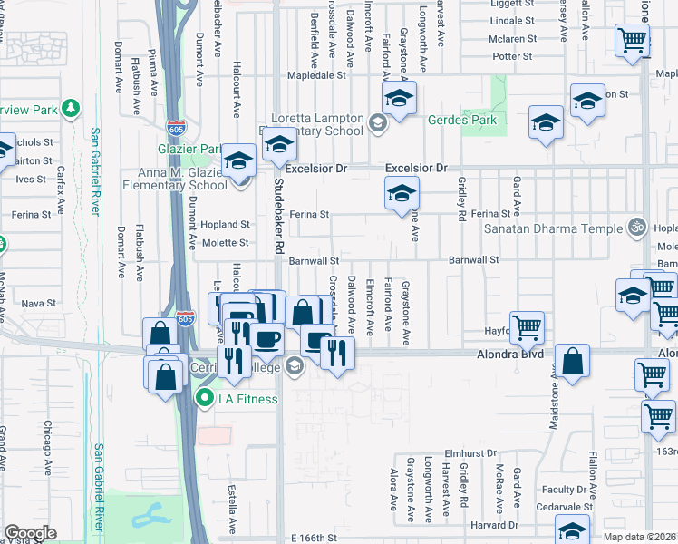 map of restaurants, bars, coffee shops, grocery stores, and more near 15403 Dalwood Avenue in Norwalk