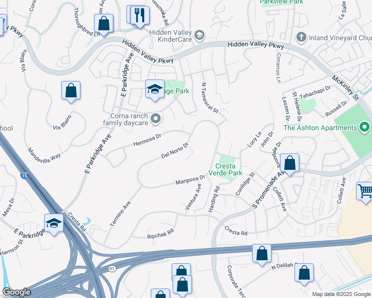 map of restaurants, bars, coffee shops, grocery stores, and more near 1522 Del Norte Drive in Corona