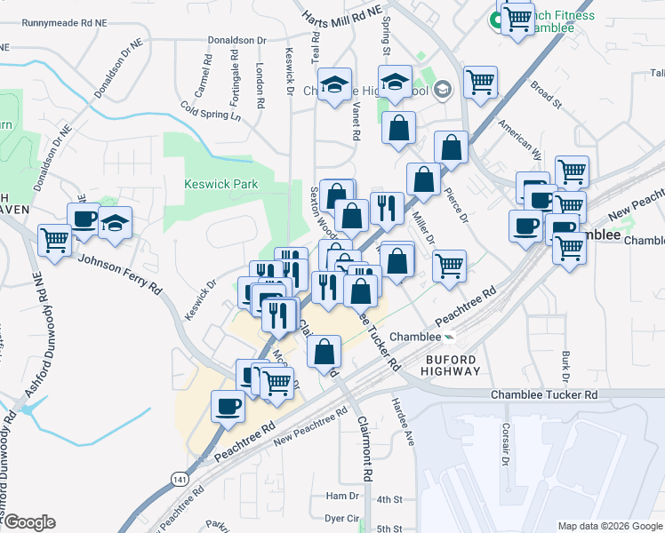 map of restaurants, bars, coffee shops, grocery stores, and more near 5180 Peachtree Boulevard in Atlanta