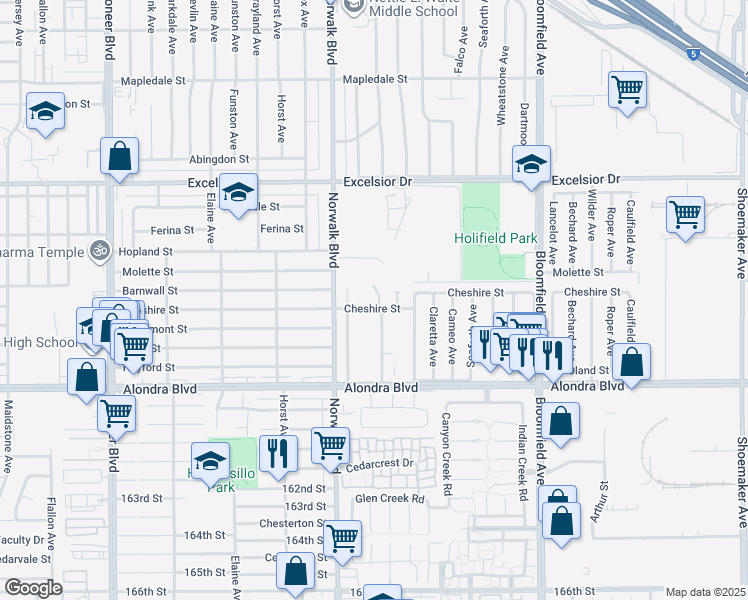 map of restaurants, bars, coffee shops, grocery stores, and more near 12247 Cheshire Street in Norwalk