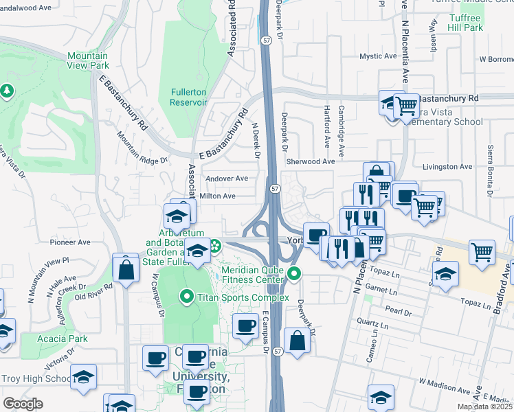 map of restaurants, bars, coffee shops, grocery stores, and more near 2021 North Derek Drive in Fullerton