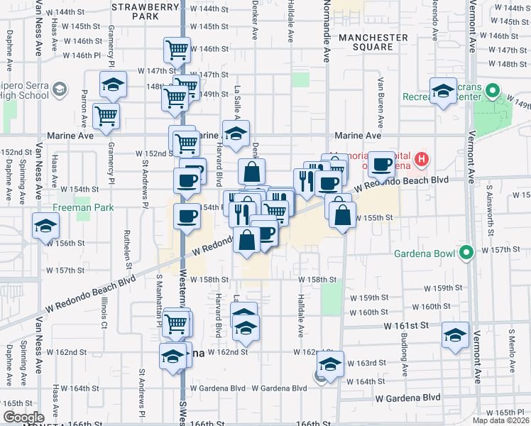 map of restaurants, bars, coffee shops, grocery stores, and more near 1534 West 154th Place in Gardena