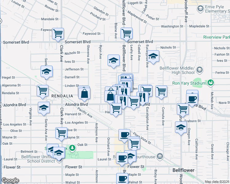 map of restaurants, bars, coffee shops, grocery stores, and more near 15703 Blaine Avenue in Bellflower