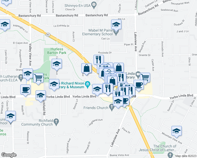 map of restaurants, bars, coffee shops, grocery stores, and more near 4845 Park Avenue in Yorba Linda