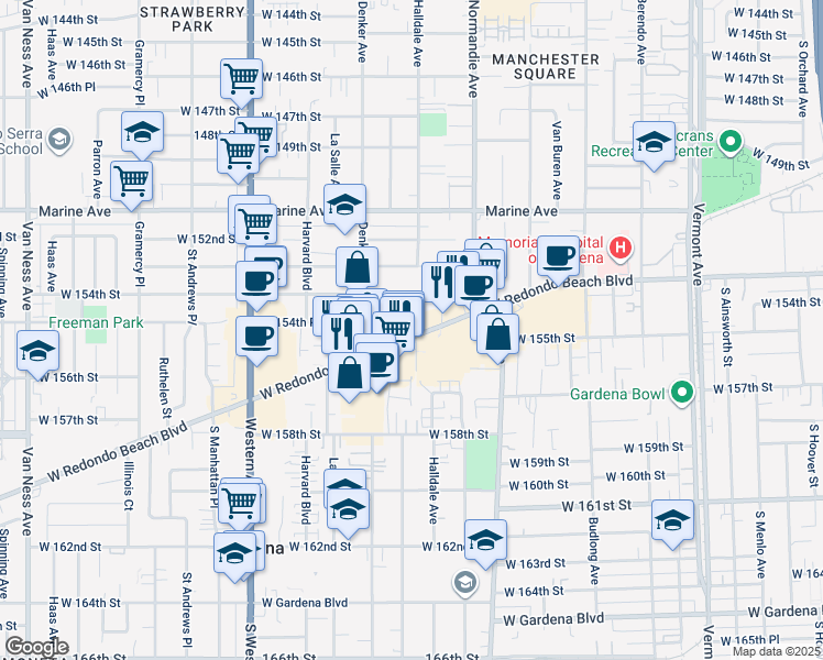 map of restaurants, bars, coffee shops, grocery stores, and more near 1518 West 154th Place in Gardena