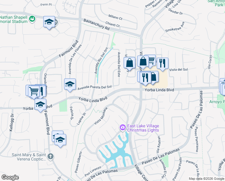 map of restaurants, bars, coffee shops, grocery stores, and more near 4811 Vía Loma Linda in Yorba Linda