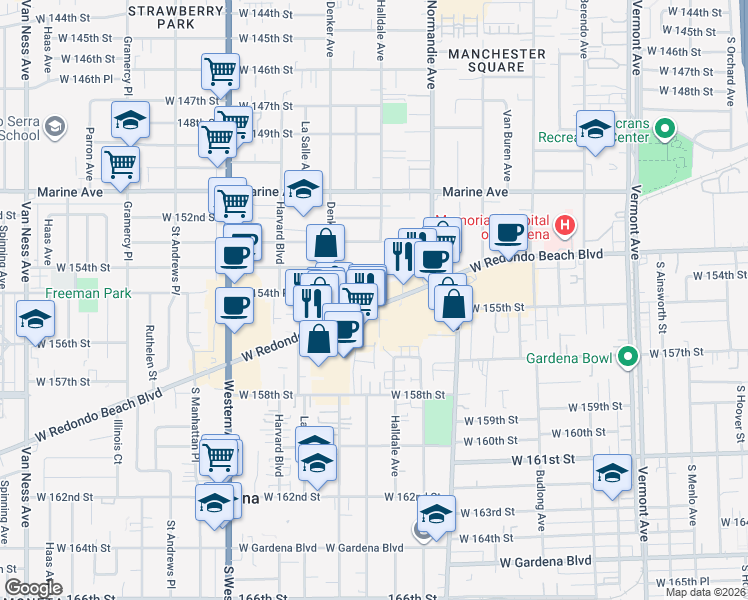 map of restaurants, bars, coffee shops, grocery stores, and more near 1515 West Redondo Beach Boulevard in Gardena