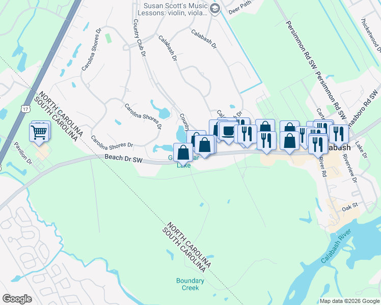 map of restaurants, bars, coffee shops, grocery stores, and more near 10176 Beach Drive Southwest in Calabash