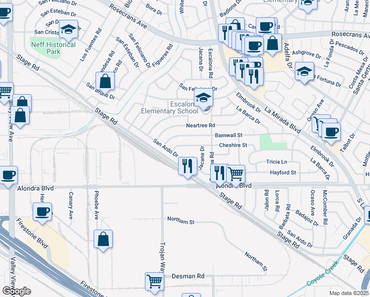 map of restaurants, bars, coffee shops, grocery stores, and more near 14860 Cheshire Street in La Mirada