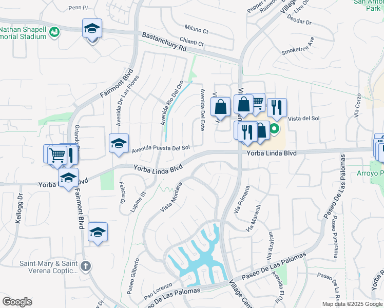 map of restaurants, bars, coffee shops, grocery stores, and more near 4811 Vía Loma Linda in Yorba Linda