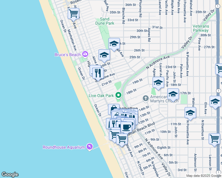 map of restaurants, bars, coffee shops, grocery stores, and more near 412 20th Street in Manhattan Beach