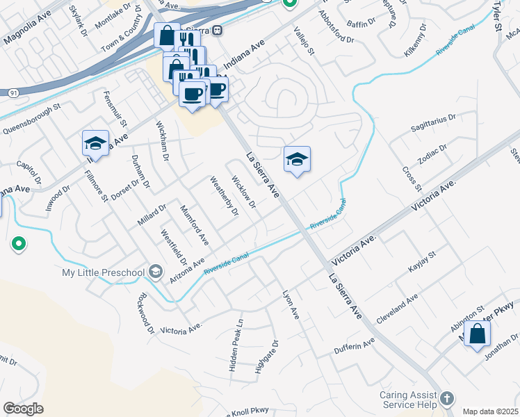 map of restaurants, bars, coffee shops, grocery stores, and more near 11147 Thames Court in Riverside