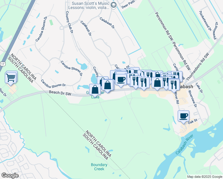 map of restaurants, bars, coffee shops, grocery stores, and more near 10170 North Carolina 179 in Calabash