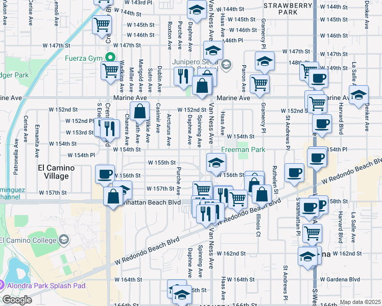map of restaurants, bars, coffee shops, grocery stores, and more near 2318 West 154th Street in Gardena