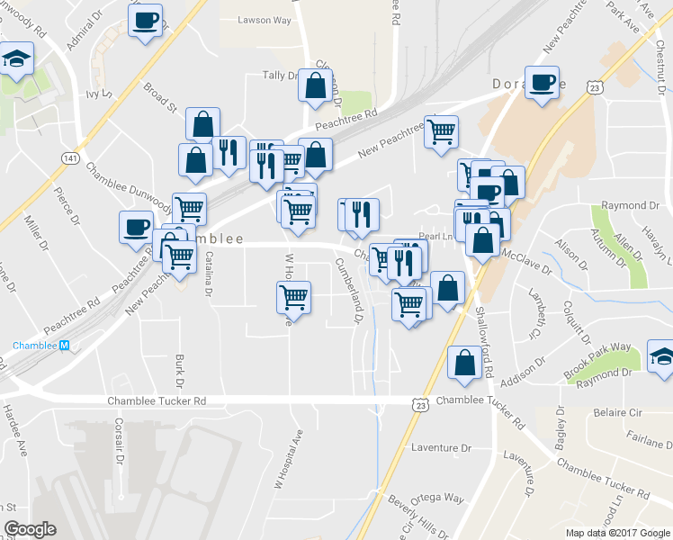 map of restaurants, bars, coffee shops, grocery stores, and more near 3419 Reeves Street in Chamblee