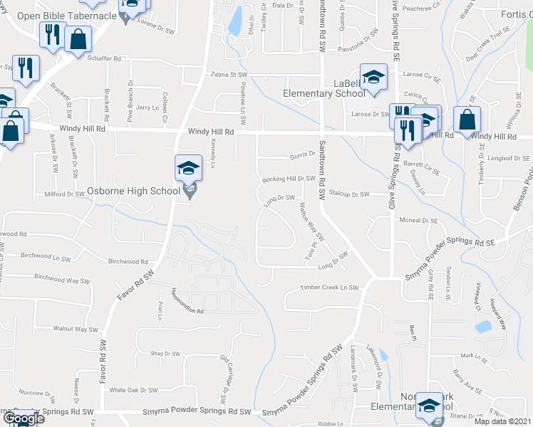 map of restaurants, bars, coffee shops, grocery stores, and more near 258 Rocking Hill Dr SW in Marietta