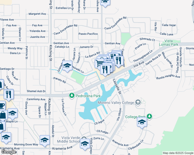 map of restaurants, bars, coffee shops, grocery stores, and more near 25870 Iris Avenue in Moreno Valley