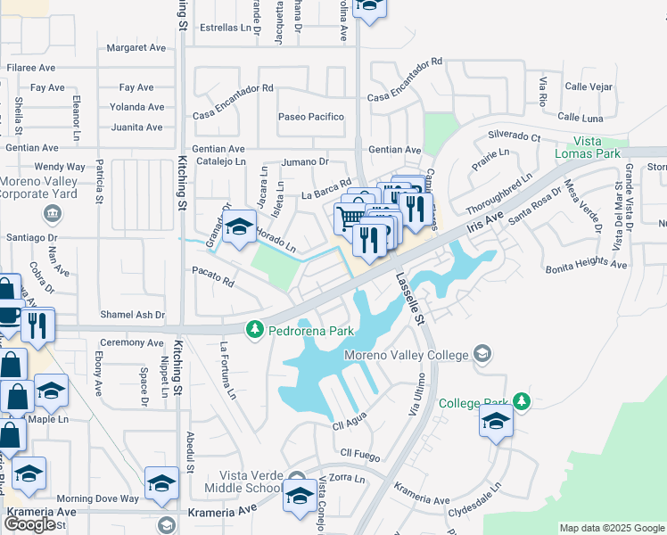 map of restaurants, bars, coffee shops, grocery stores, and more near 25870 Iris Avenue in Moreno Valley