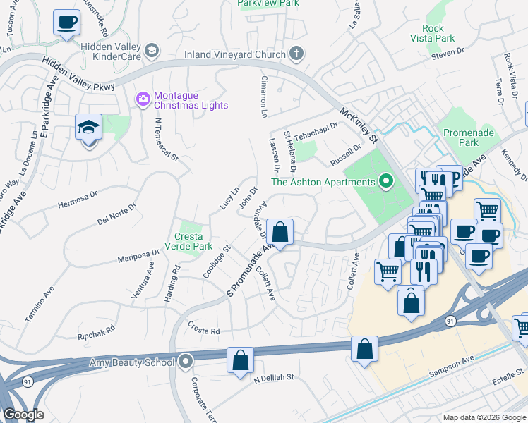 map of restaurants, bars, coffee shops, grocery stores, and more near 641 Avondale Drive in Corona