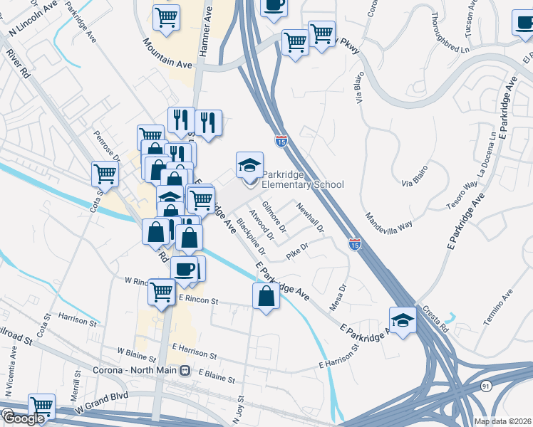 map of restaurants, bars, coffee shops, grocery stores, and more near 325 Atwood Drive in Corona