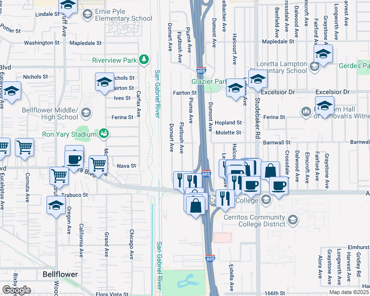 map of restaurants, bars, coffee shops, grocery stores, and more near 15402 Piuma Avenue in Norwalk