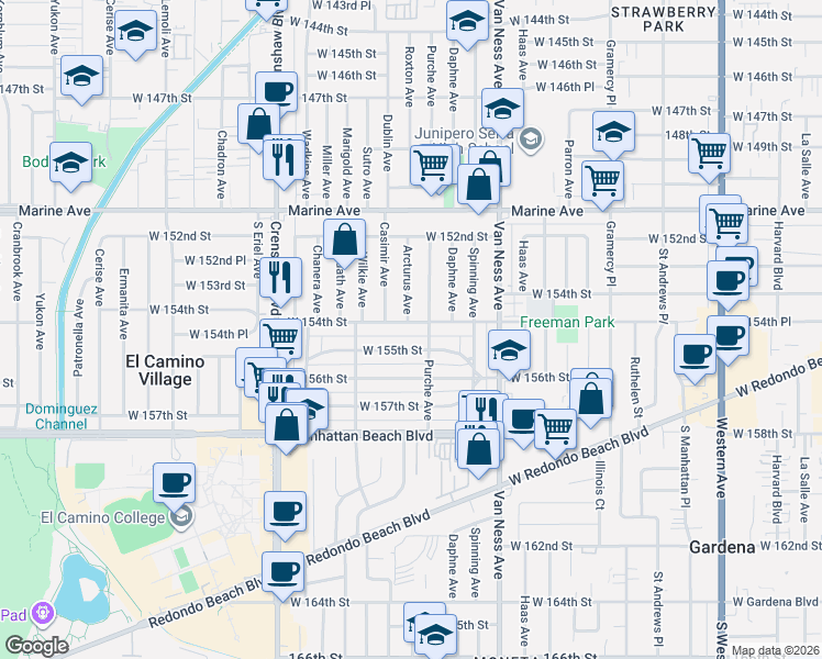 map of restaurants, bars, coffee shops, grocery stores, and more near 2524 West 154th Street in Gardena