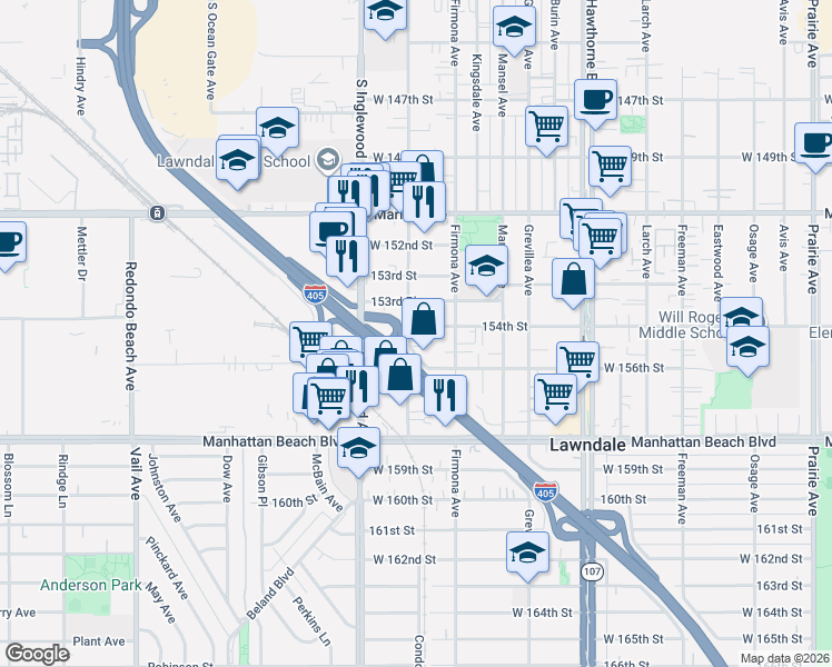map of restaurants, bars, coffee shops, grocery stores, and more near 4640 154th Street in Lawndale