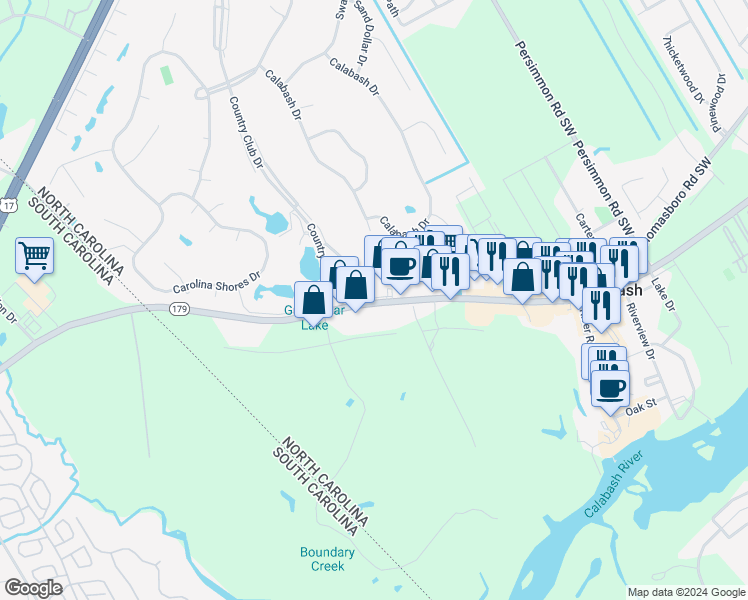 map of restaurants, bars, coffee shops, grocery stores, and more near 10170 North Carolina 179 in Calabash