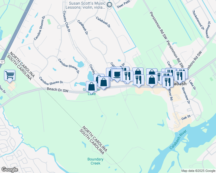 map of restaurants, bars, coffee shops, grocery stores, and more near 10170 North Carolina 179 in Calabash