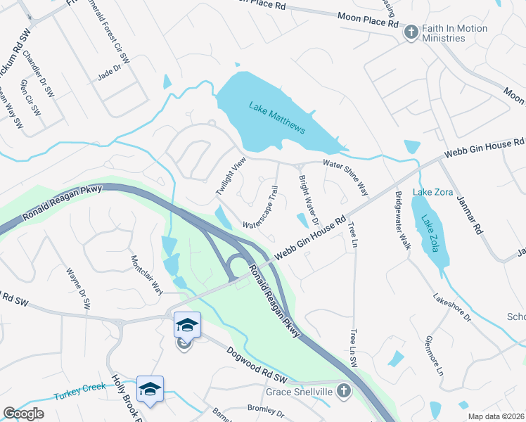 map of restaurants, bars, coffee shops, grocery stores, and more near 2403 Waterscape Trail in Snellville