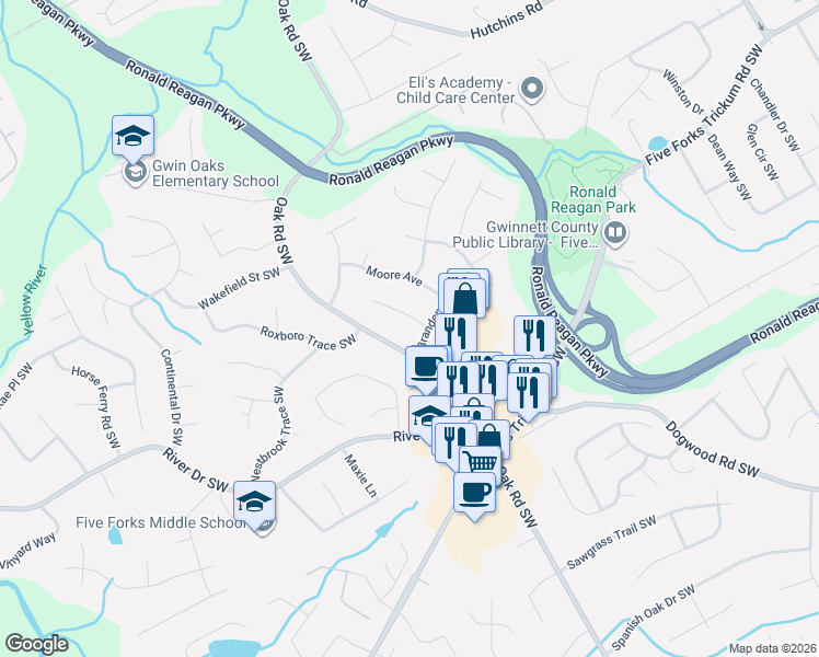 map of restaurants, bars, coffee shops, grocery stores, and more near 2962 Loreli Lane in Lawrenceville