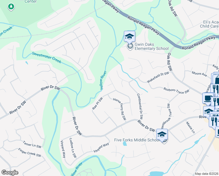 map of restaurants, bars, coffee shops, grocery stores, and more near 3346 Station Court in Lawrenceville