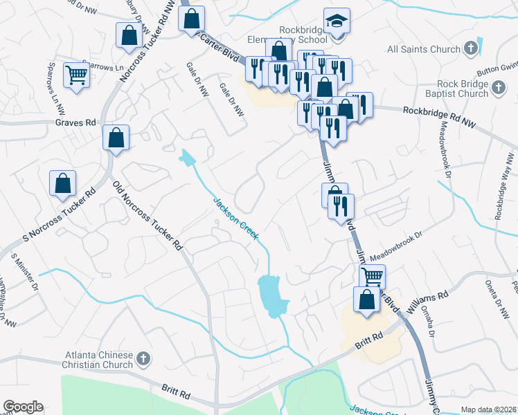 map of restaurants, bars, coffee shops, grocery stores, and more near 6338 Boyett Drive Northwest in Norcross