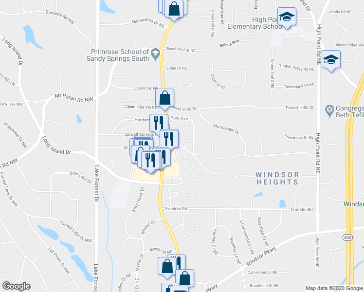 map of restaurants, bars, coffee shops, grocery stores, and more near 240 East Belle Isle Road Northeast in Atlanta