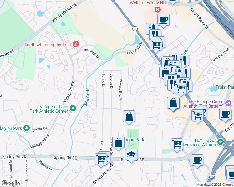 map of restaurants, bars, coffee shops, grocery stores, and more near 2527 Carolyn Drive in Smyrna